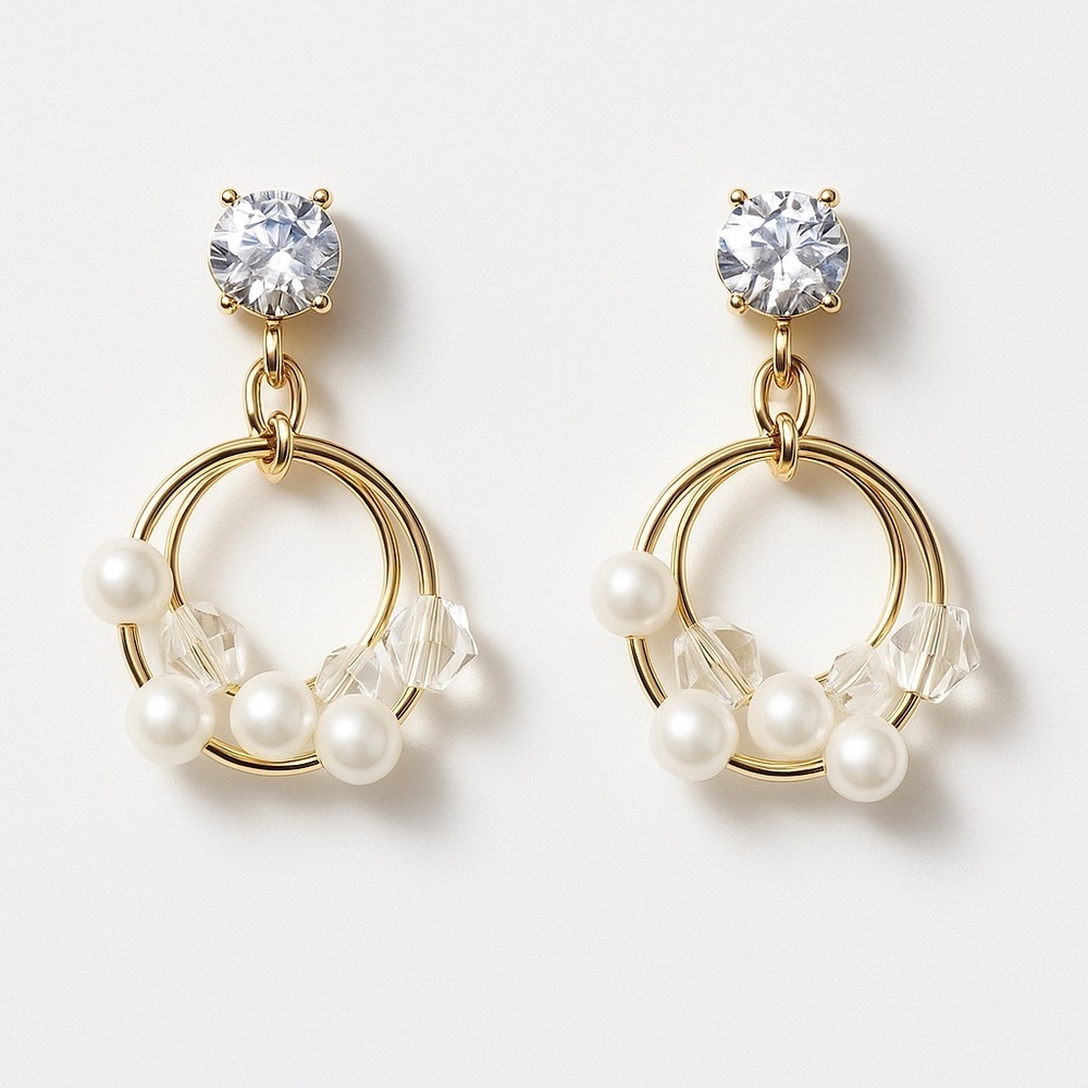 ✨ NWT Delicate Gold Crystal Pearl Hoop Dangle Earrings ✨ - Picture 5 of 16
